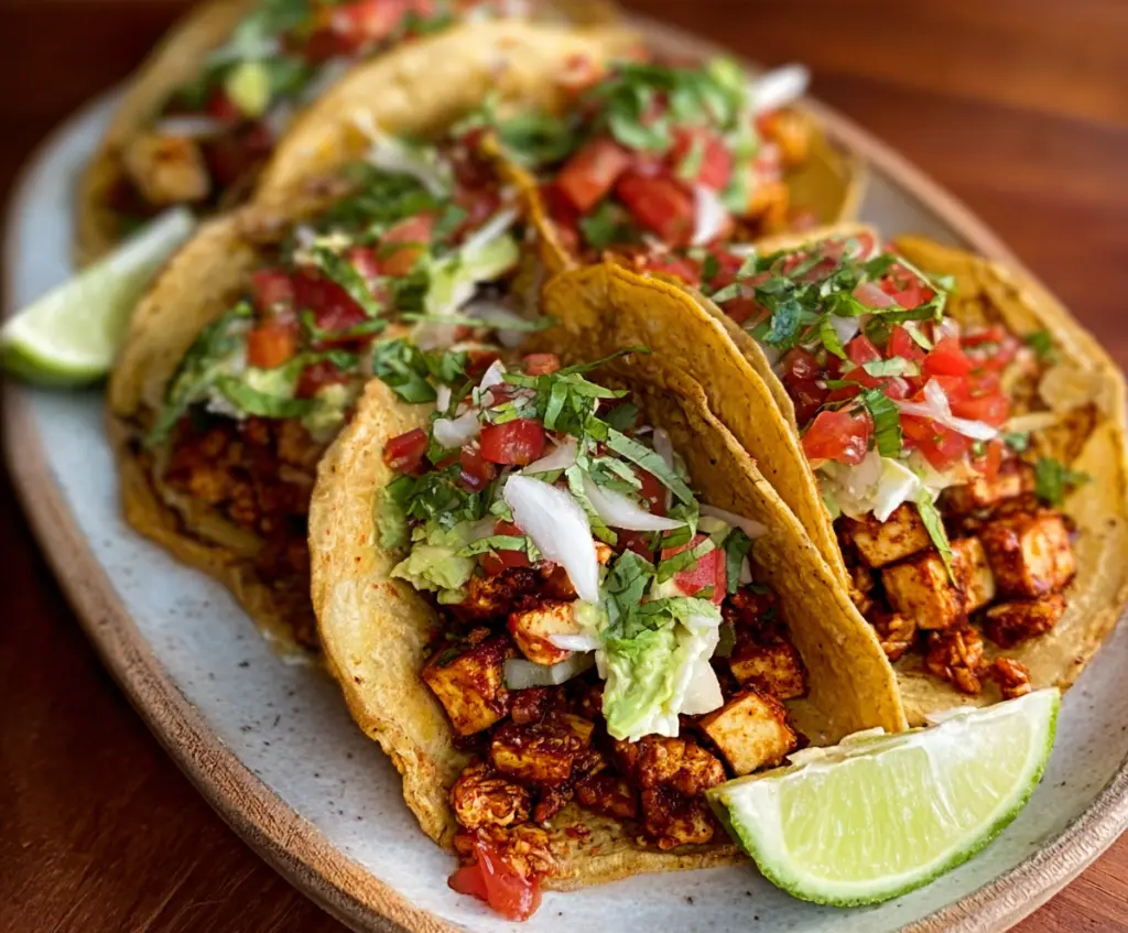 Delicious tofu tacos with fresh vegetables and vibrant salsa on a plate