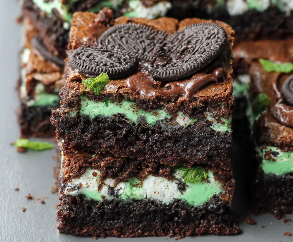 Delicious triple layer fudgy mint Oreo brownies with a rich chocolate and cool mint flavor.