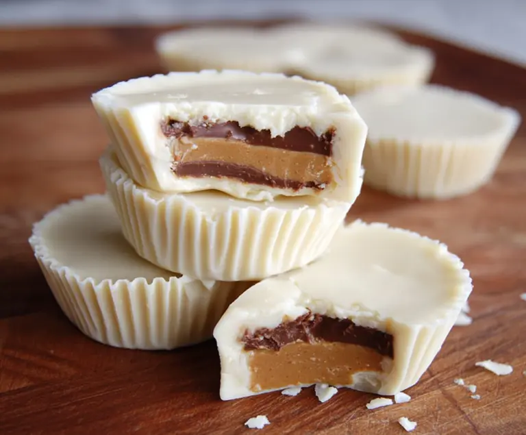 Delicious homemade white chocolate peanut butter cups with creamy filling and smooth coating.