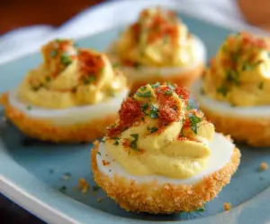 Creamy air fryer deviled eggs with paprika garnish in a white serving dish.