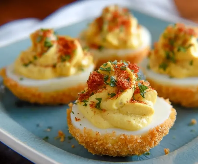 Creamy air fryer deviled eggs with paprika garnish in a white serving dish.