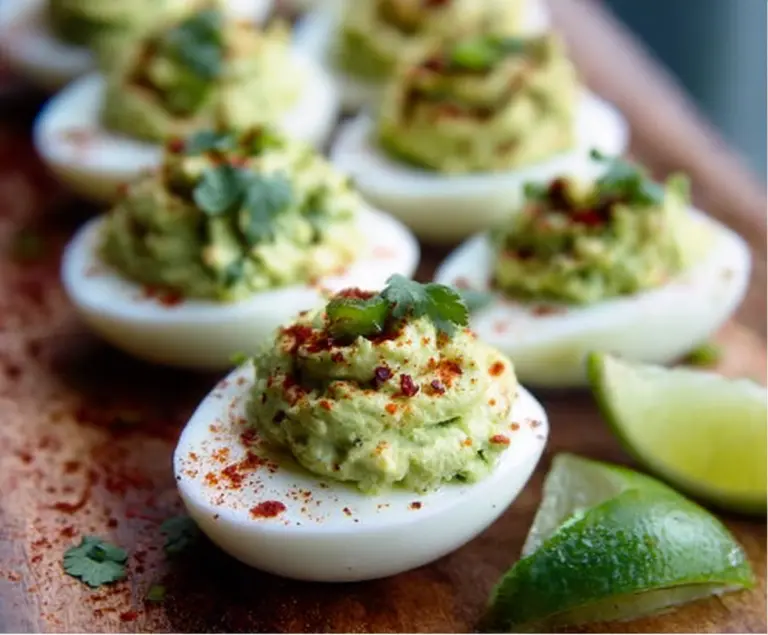 Creamy avocado deviled eggs garnished with paprika and fresh herbs on a white plate.