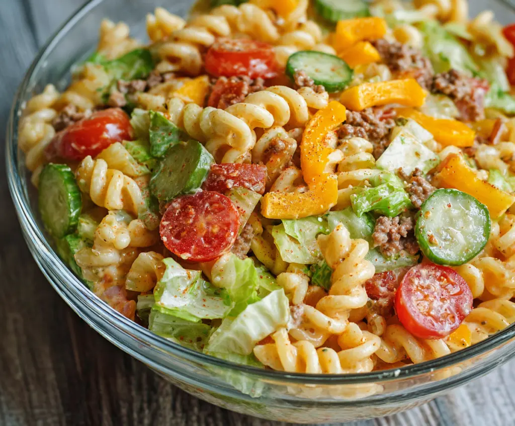 Delicious Big Mac Pasta Salad with seasoned ground beef, pasta, shredded cheese, and fresh vegetables in a bowl.