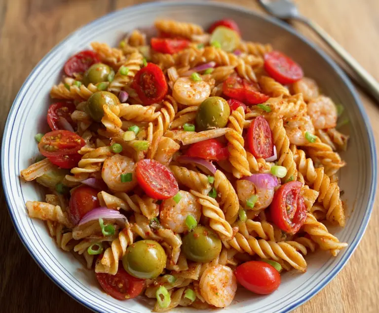 Colorful Bloody Mary Pasta Salad with cherry tomatoes, olives, and fresh herbs in a vibrant serving bowl.