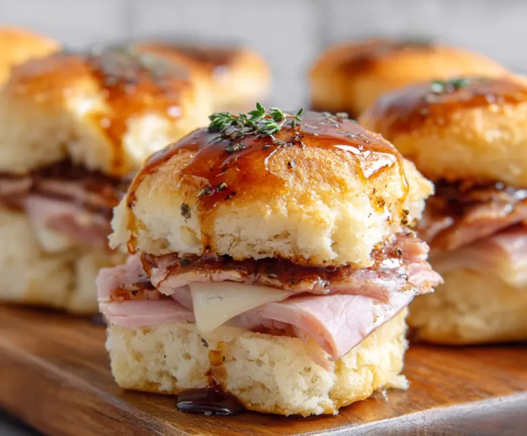 Delicious Brown Sugar Glazed Ham Biscuit Sliders on a serving platter, perfect for a savory appetizer or brunch.