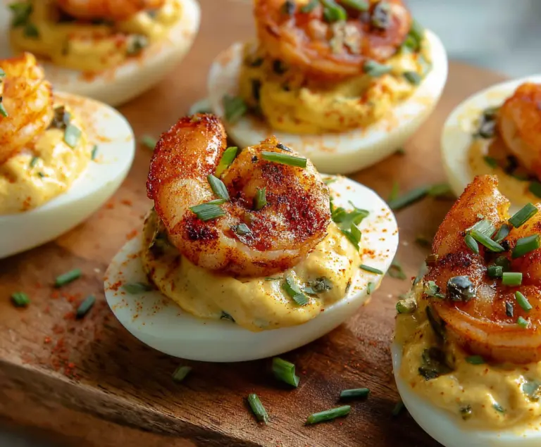Delicious Cajun Shrimp Deviled Eggs with spicy seasoning and creamy filling on a serving plate