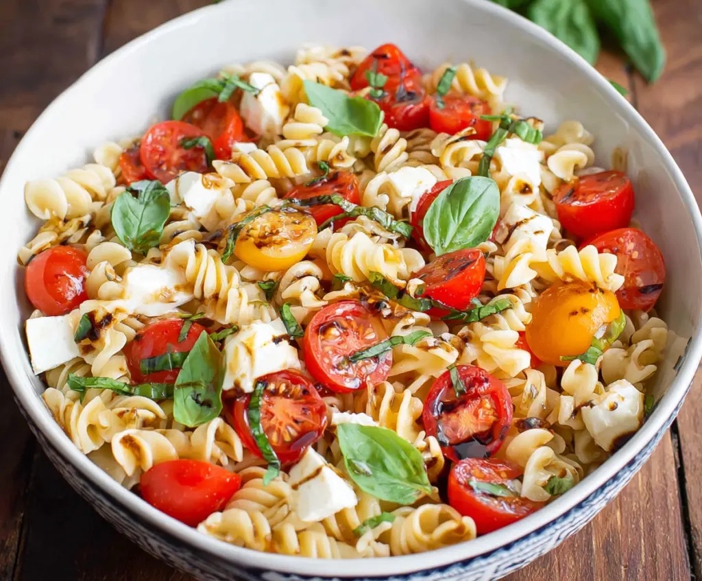 Fresh Caprese Pasta Salad with cherry tomatoes, mozzarella, and basil garnished on a white plate.