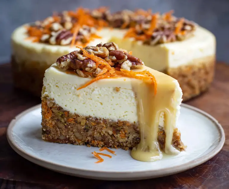 Delicious Carrot Cake Cheesecake with cream cheese frosting and grated carrots on top.