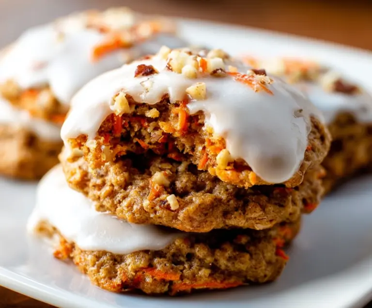 Delicious carrot cake cookies with cream cheese frosting on a plate