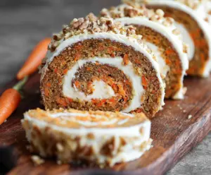 Delicious carrot cake roll with cream cheese frosting and grated carrots, perfect for dessert or special occasions.