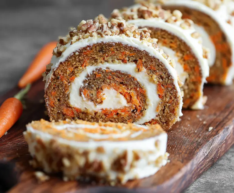 Delicious carrot cake roll with cream cheese frosting and grated carrots, perfect for dessert or special occasions.