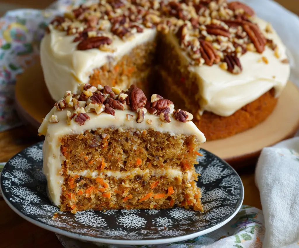 Delicious homemade carrot cake topped with creamy cream cheese frosting, perfect for dessert or special occasions.