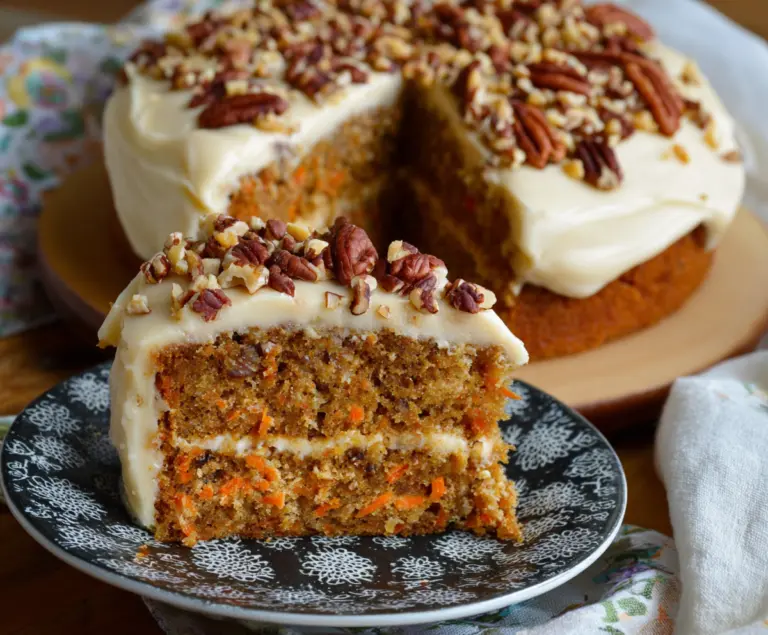 Delicious homemade carrot cake topped with creamy cream cheese frosting, perfect for dessert or special occasions.