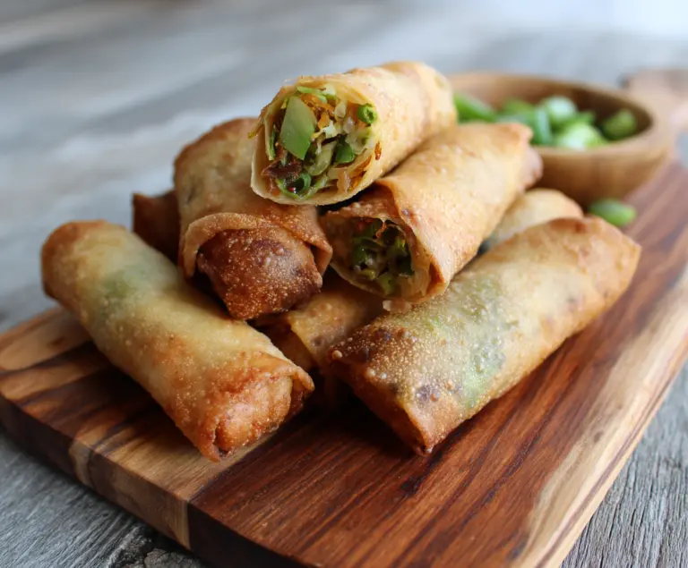 Crispy baked vegetable spring rolls served on a white plate with fresh dipping sauce.