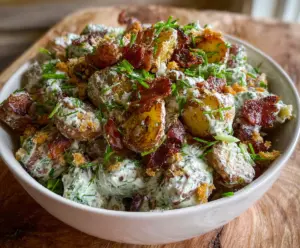 Image of crispy smashed potato salad garnished with herbs, served in a white bowl.