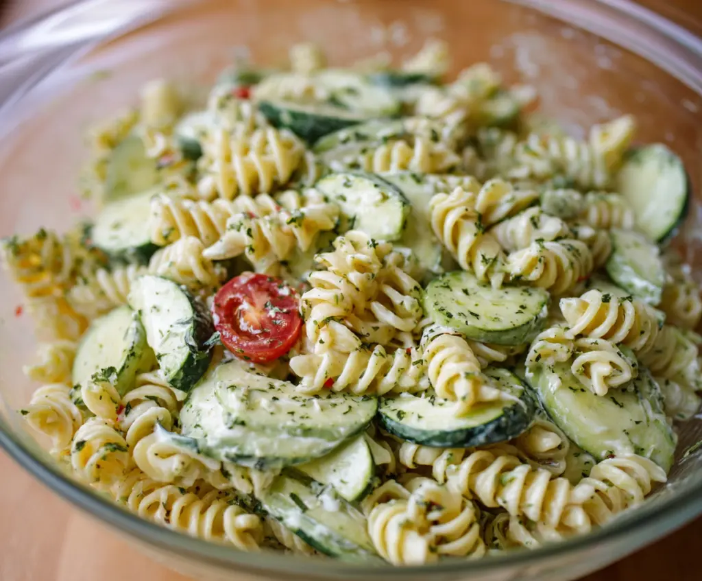 Refreshing cucumber pasta salad with colorful vegetables and herbs