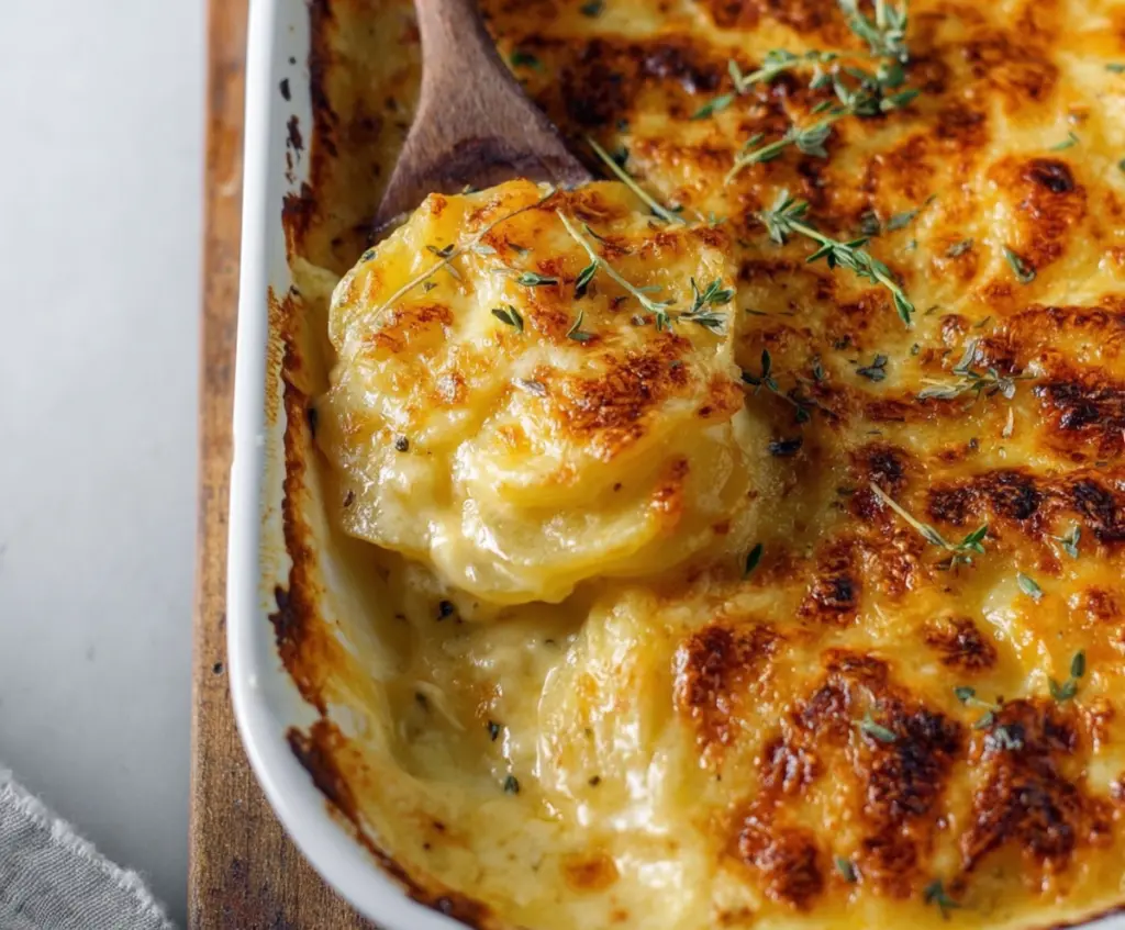 Delicious Dad’s Creamy and Cheesy Au Gratin Potatoes served hot with melted cheese and golden crust
