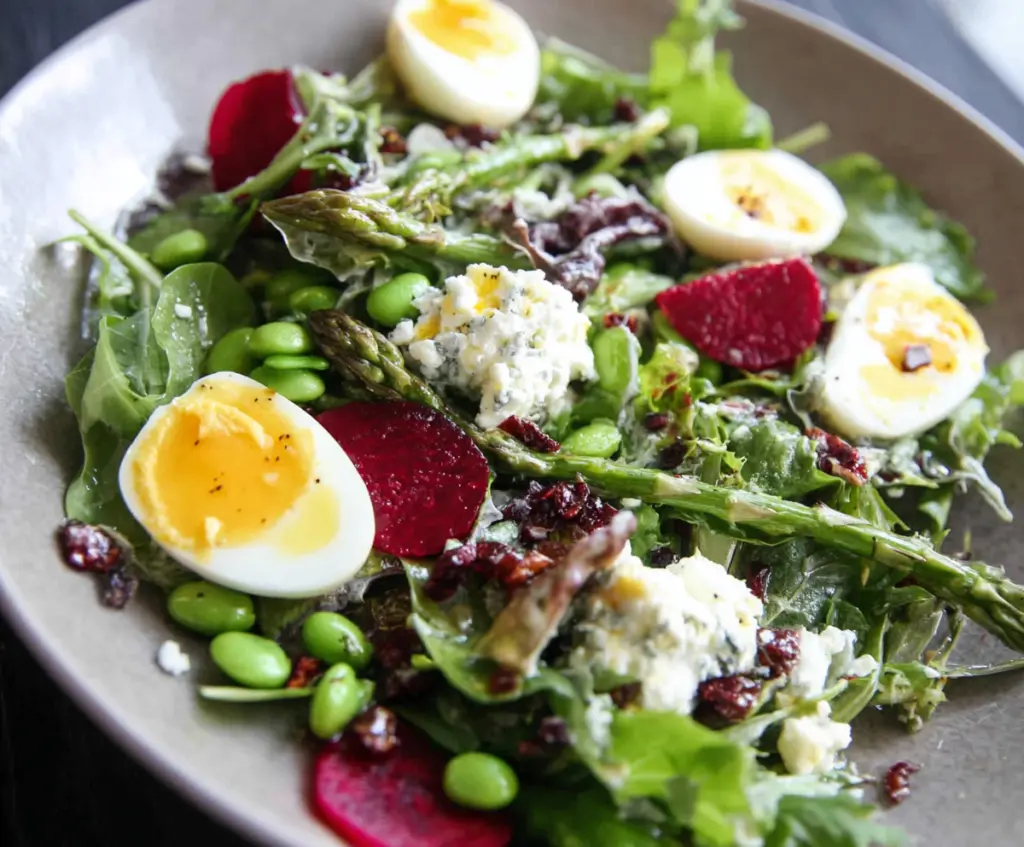 Colorful Easter Spring Salad with Fresh Goat Cheese and Vegetables