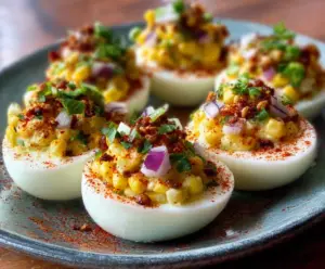 Creamy elote deviled eggs topped with cheese and herbs, perfect for Fiesta Delights celebration.
