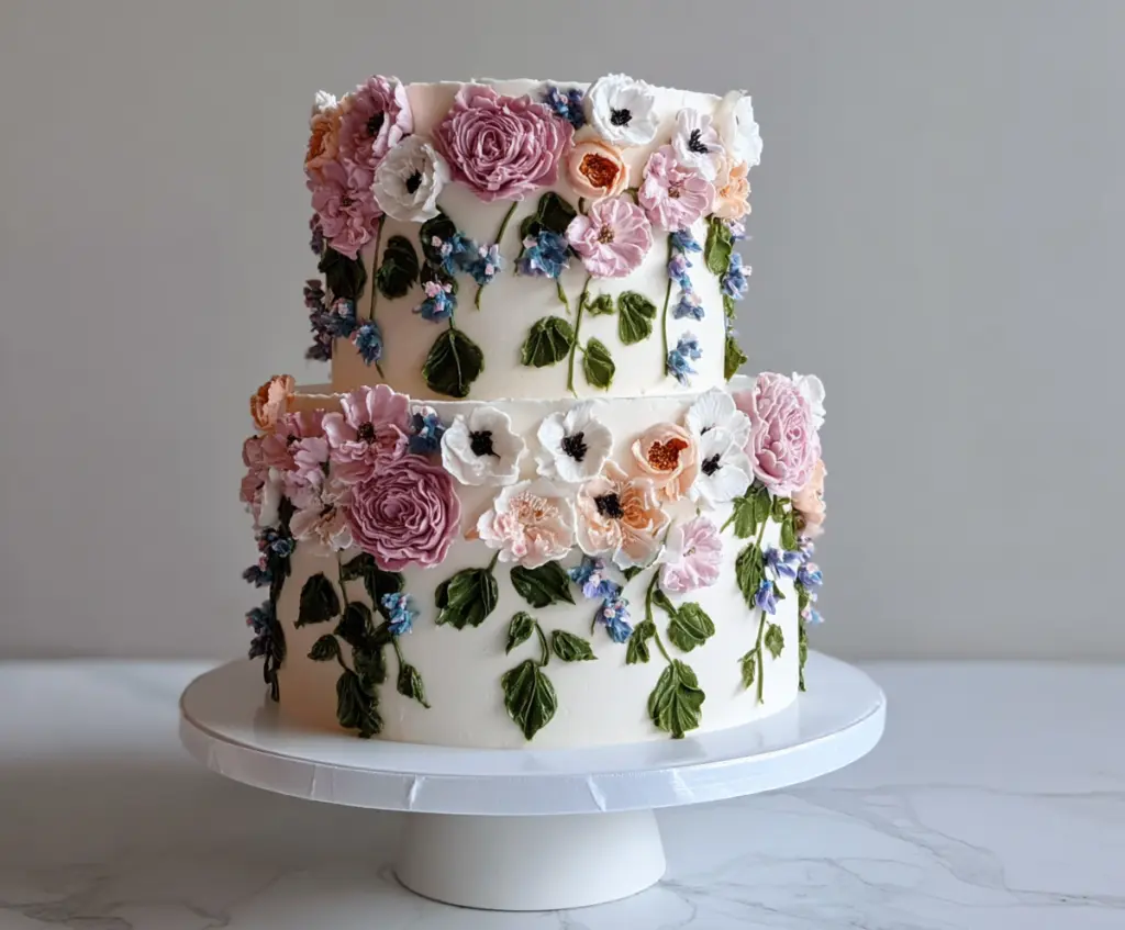 Elegant floral cake decorated with colorful fresh flowers for a wedding or celebration.