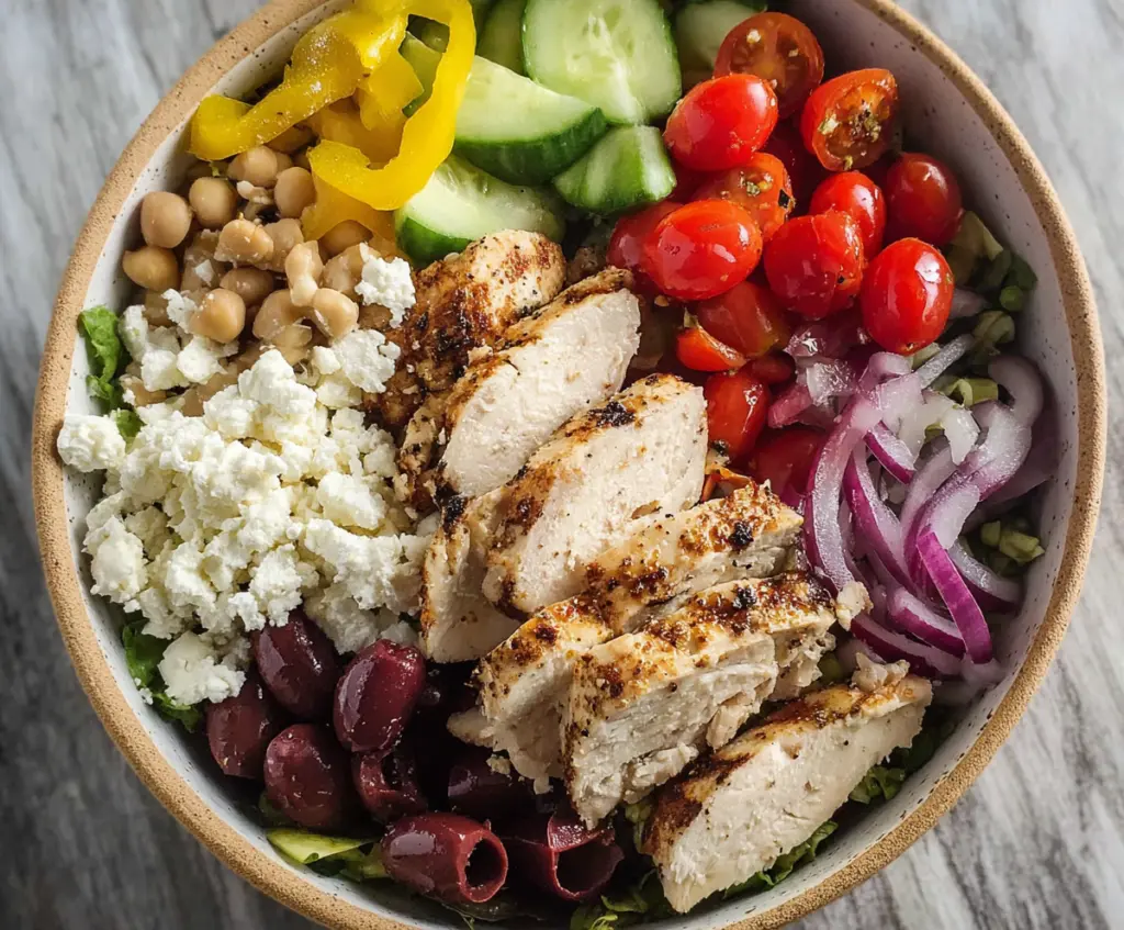 Healthy Greek Chicken Salad Bowls with fresh vegetables, feta cheese, and grilled chicken served in a colorful bowl.