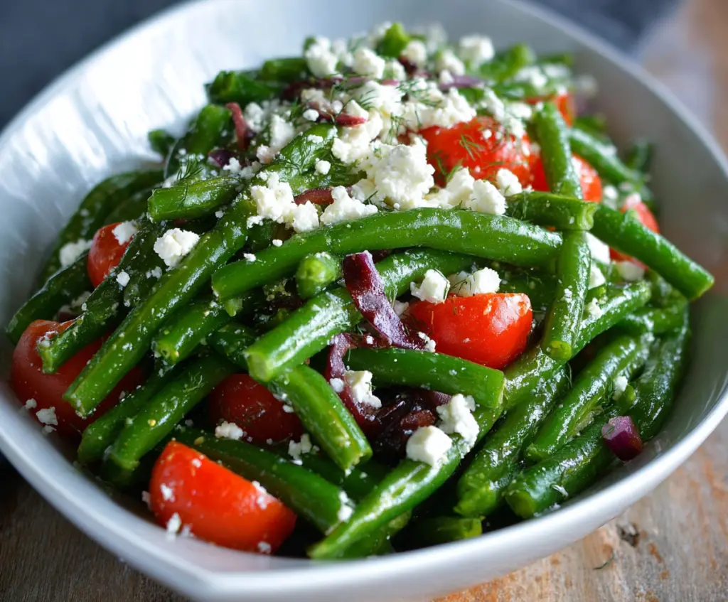 Fresh green bean and feta salad with cherry tomatoes and herbs, perfect for a healthy appetizer.