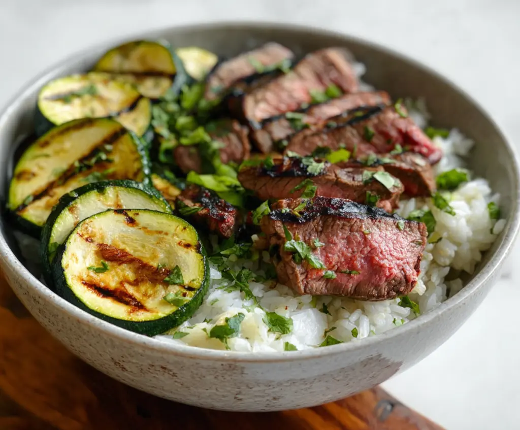 Delicious grilled steak bowl with fresh zucchini slices served in a white bowl.