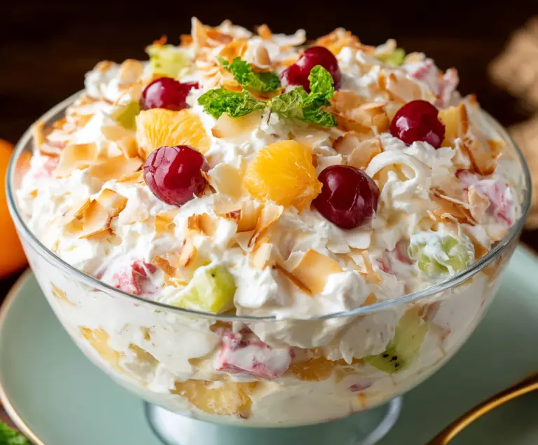 Creamy Hawaiian Cheesecake Salad garnished with fresh fruits and pineapple chunks.