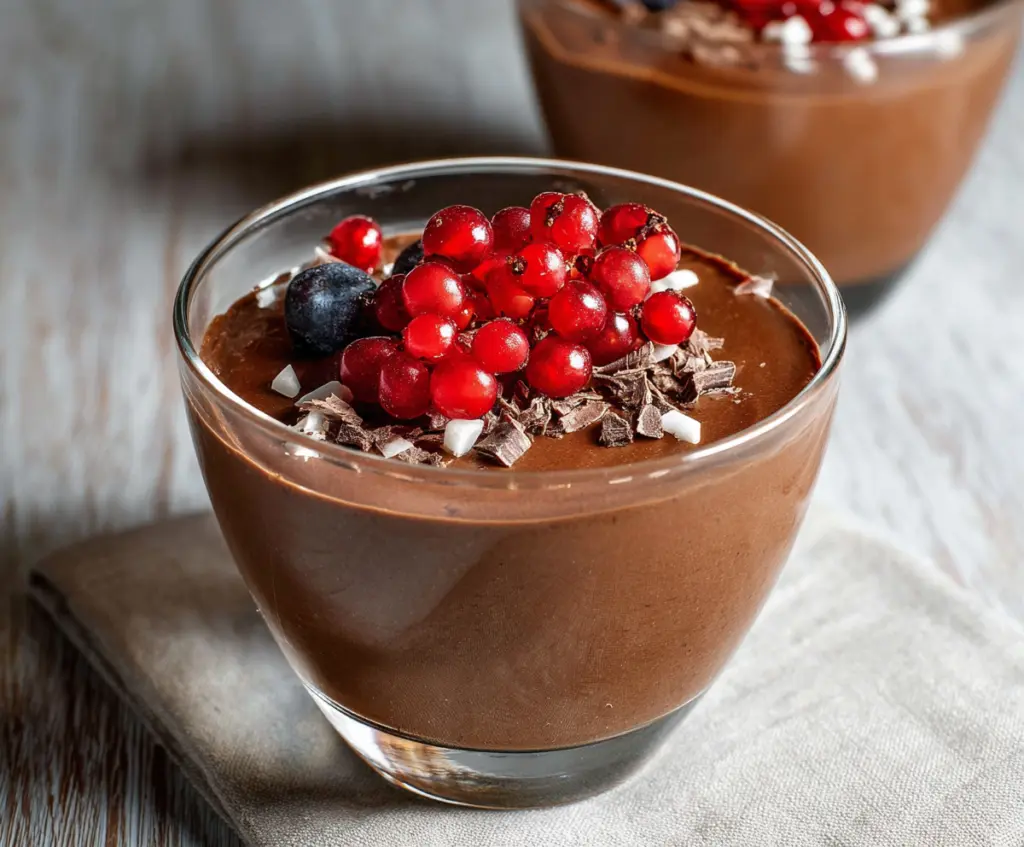 Delicious high protein chocolate pudding in a glass bowl, perfect for a healthy dessert.