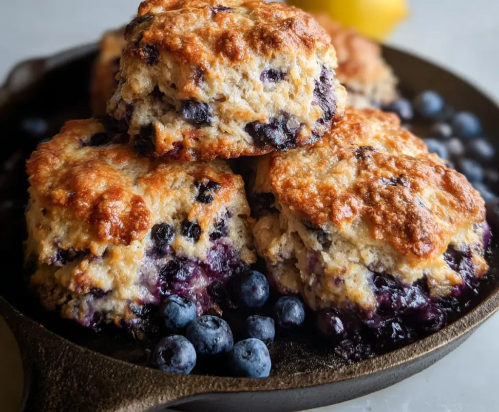 Fresh Lemon Blueberry Sourdough Discard Biscuits on a rustic plate with lemon wedges and blueberries.