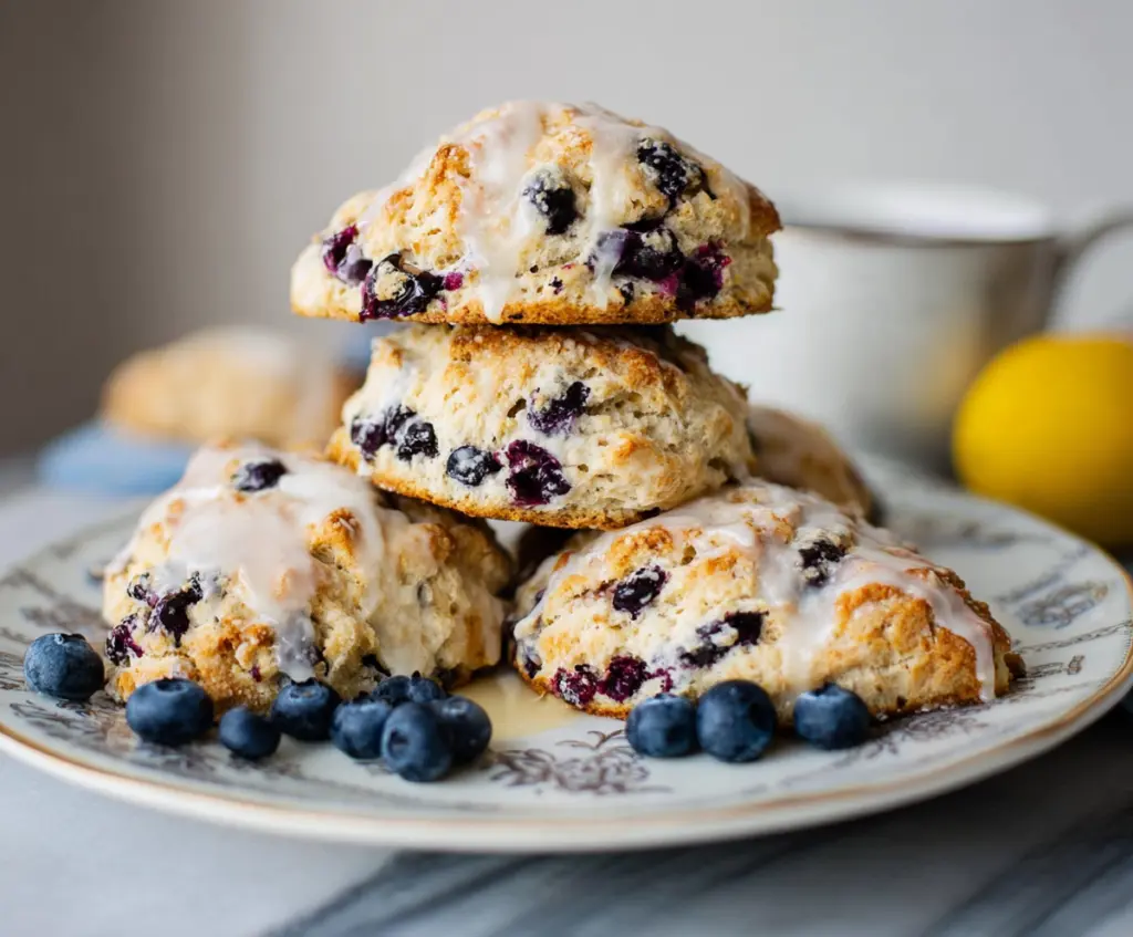 Delicious Lemon Blueberry Sourdough Discard Scones on a rustic plate with fresh blueberries and lemon slices.