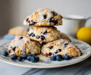 Delicious Lemon Blueberry Sourdough Discard Scones on a rustic plate with fresh blueberries and lemon slices.
