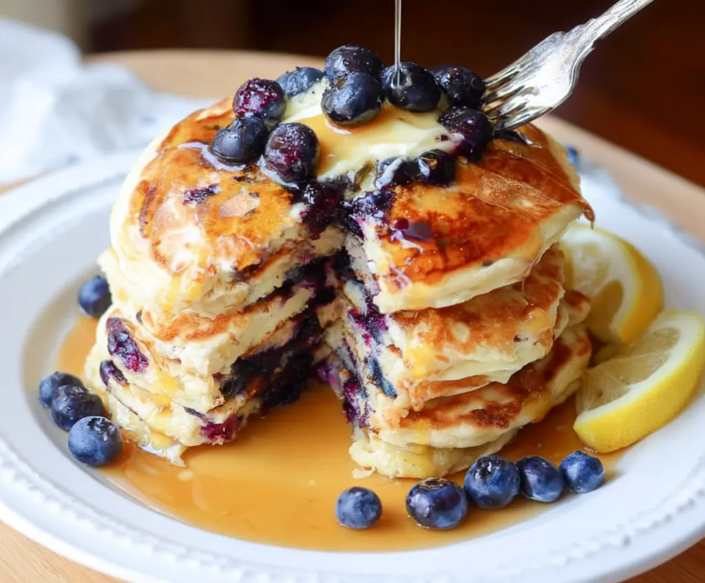 Delicious Lemon Blueberry Sourdough Pancakes topped with fresh blueberries and lemon zest on a breakfast plate.