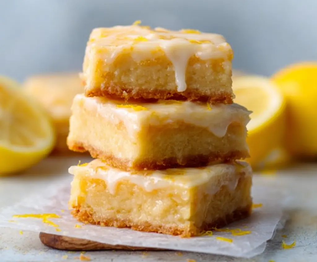 Delicious Lemon Brownies with vibrant lemon zest and a glossy glaze on top.