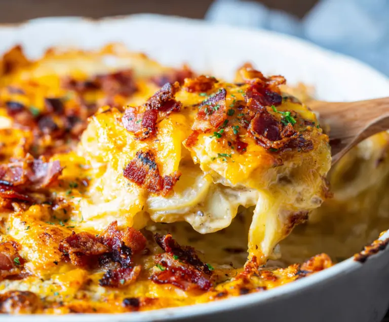 Delicious loaded scalloped potatoes topped with melted cheese and crispy bacon, served in a rustic baking dish.