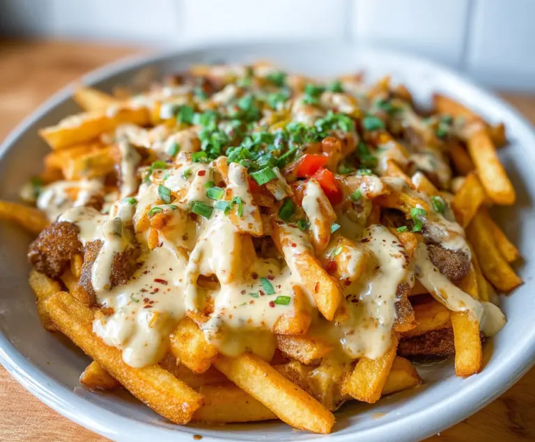 Delicious Louisiana Voodoo Fries topped with spicy sauce and flavorful seasonings.
