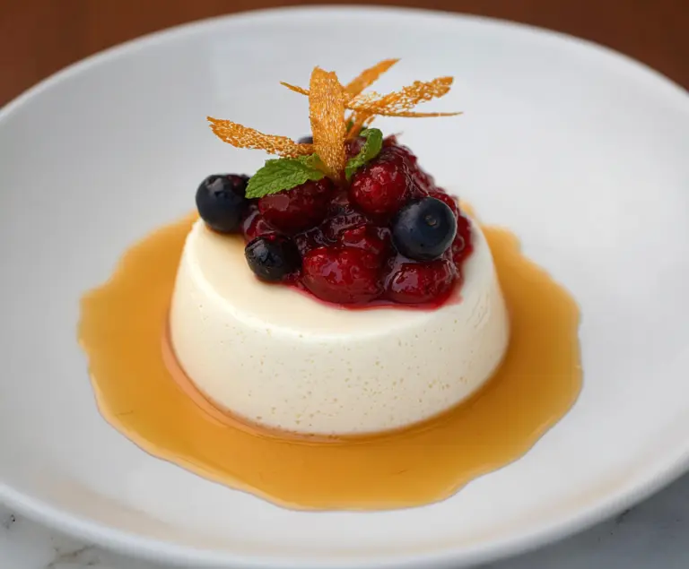 Delicious Orange Blossom Honey Panna Cotta topped with vibrant Berry Compote, perfect for a sweet dessert.