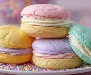 Delicious pastel sugar cookie sandwiches layered with colorful icing and sprinkles for a festive treat.