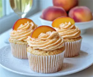 Delicious Peach Bellini Cupcakes topped with fresh peach slices and a sparkling glaze, perfect for summer celebrations.