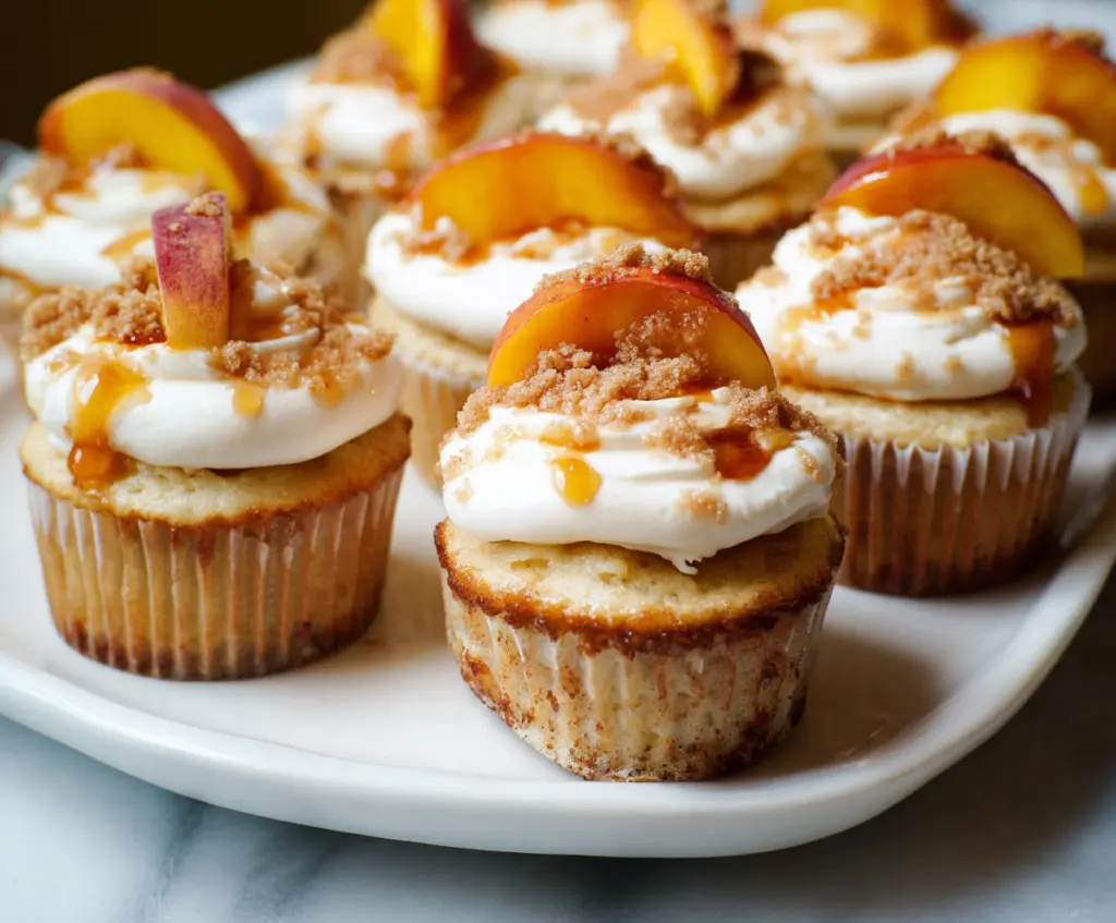 Delicious Peach Cobbler Cupcakes topped with fresh peach slices and a crumble streusel.