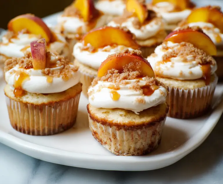 Delicious Peach Cobbler Cupcakes topped with fresh peach slices and a crumble streusel.