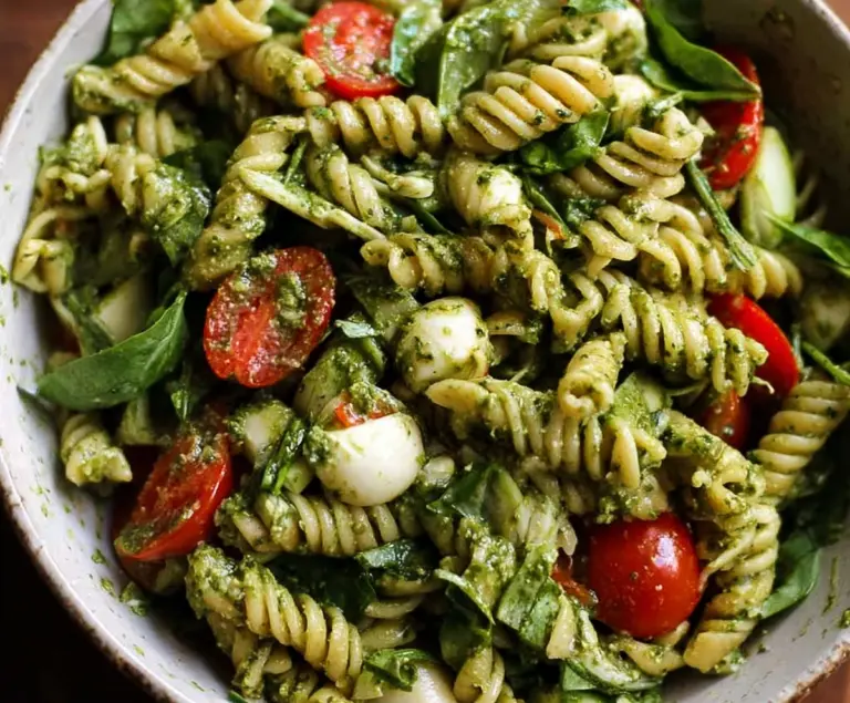 Colorful pesto pasta salad with cherry tomatoes and fresh basil leaves, perfect for summer picnics.