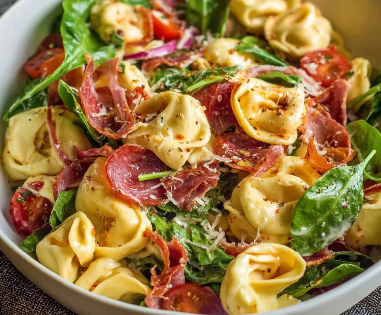 Salami and mozzarella tortellini pasta salad with fresh herbs and colorful vegetables