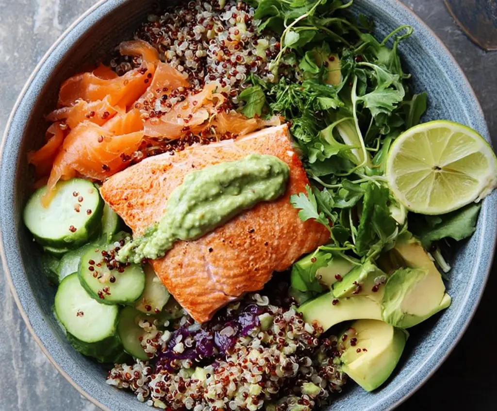 Healthy salmon and quinoa power bowl with fresh vegetables and herbs for a nutritious meal.