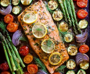 Delicious Sheet Pan Honey Mustard Salmon with Fresh Spring Veggies displayed on a plate.