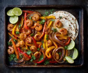 Colorful sheet-pan shrimp fajitas with peppers and onions on a baking sheet