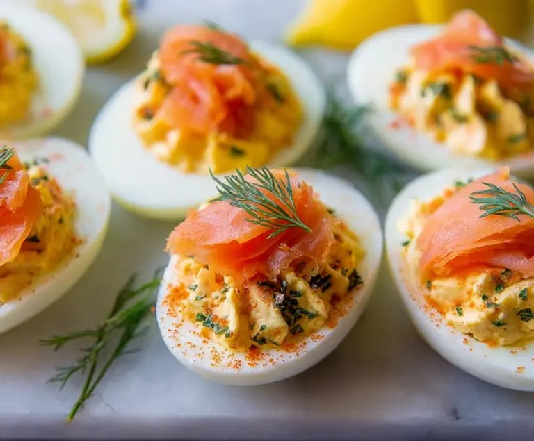 Delicious smoked salmon deviled eggs on a platter, garnished with fresh herbs.
