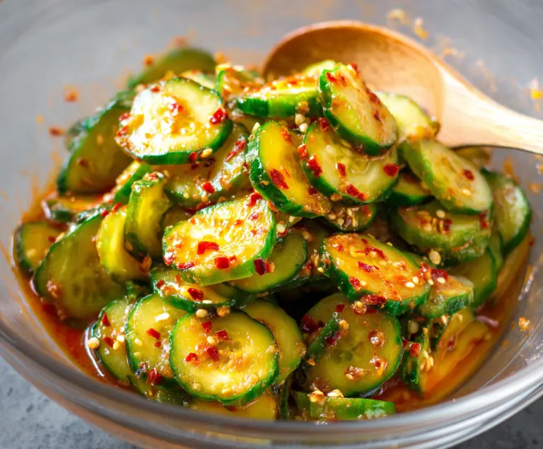 Refreshing spicy cucumber salad with chili flakes and herbs, perfect for summer salads.
