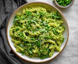 Creamy spring pea pesto pasta garnished with fresh basil, served in a white bowl.