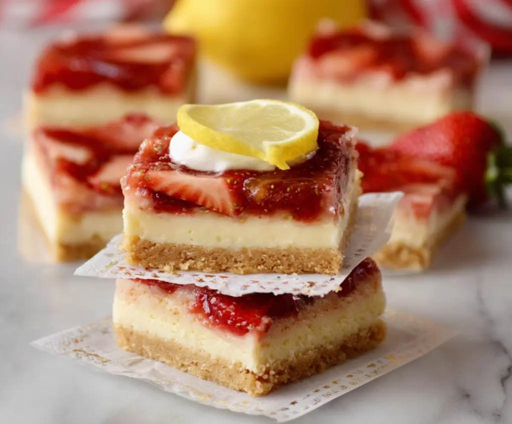 Delicious Springtime Strawberry Lemon Cheesecake Bars with fresh strawberries and zesty lemon on a dessert plate